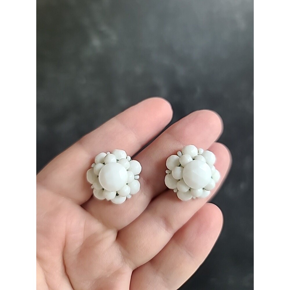 Western Germany White Floral Screwback Earrings Vintage